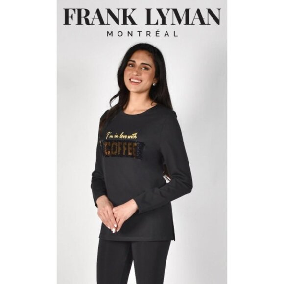 BNWT Frank Lyman Design Black/Gold Sequined Coffee/Wine Long Sleeve T-shirt S - Picture 13 of 15